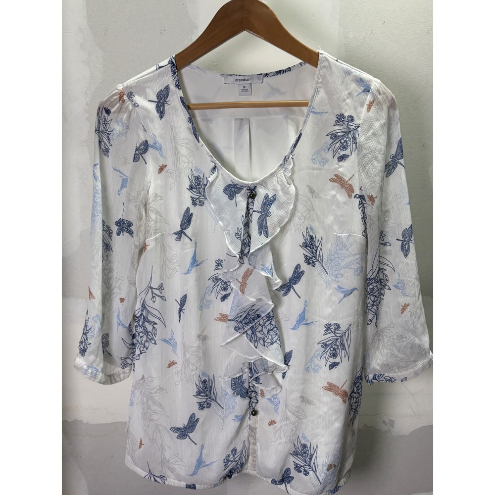 Dressbarn Womens Medium White Blue Dragonfly Hummingbird 3/4 Sleeve Blouse